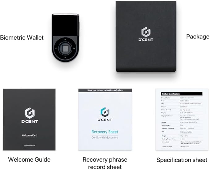 D'CENT Hardware Wallet – Biometric Cold Wallet for Crypto with Fingerprint Authentication | Secure Bluetooth Storage for Bitcoin, Ethereum, XRP, XDC, Solana, Stablecoins & More