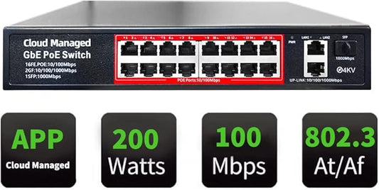 Poe Switch, 16 Port PoE+ Switch, Cloud Managed 10/100Mbps Ethernet Switch, 16 Poe Ports @200W, 2 Gigabit Uplink Ports, 1*SFP Slot, APP Smart Managed, Overload Protection w/ Port, Plug and Play