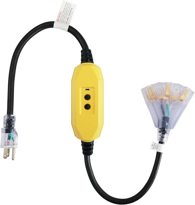 EP 3 Ft Lighted GFCI Extension Cord with 3 Electrical Power Outlets - 12/3 SJTW Heavy Duty Black Pigtail Extension Cable with 3 Prong Grounded Plug for Safety, UL Listed