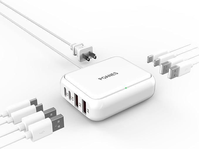 8-Port USB Charger, Multi-Port Travel USB C Charger, Mini Charging Station with USB C and USB A Ports, Charging Station Block for Traveling, Camping Compatible with Phone, Earbud (White)