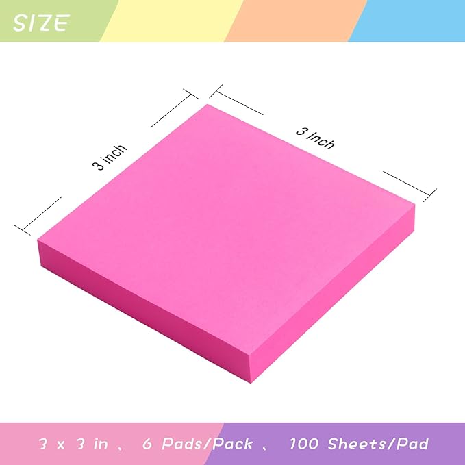 Sticky Notes 3x3 Self-Stick Notes Pads with 6 Bright Colors, Easy to Post for Office, School, Home, 6 Pads/Pack, 100 Sheets/Pad (Red)