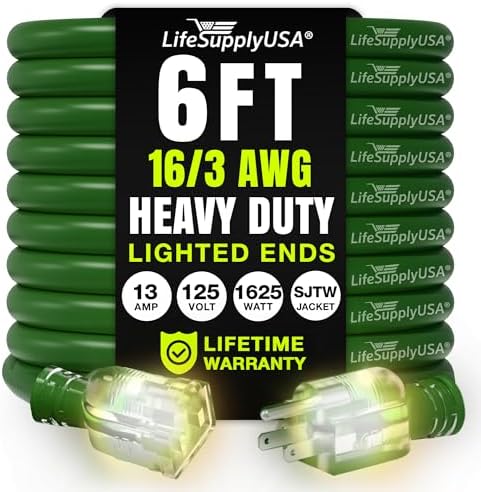 6ft Outdoor/Indoor Extension Cord 16/3 Gauge Heavy Duty 3 Prong SJTW, Waterproof, Flexible Cold-Resistant Long Power Cord,13A 125V 1625W, Green by LifeSupplyUSA