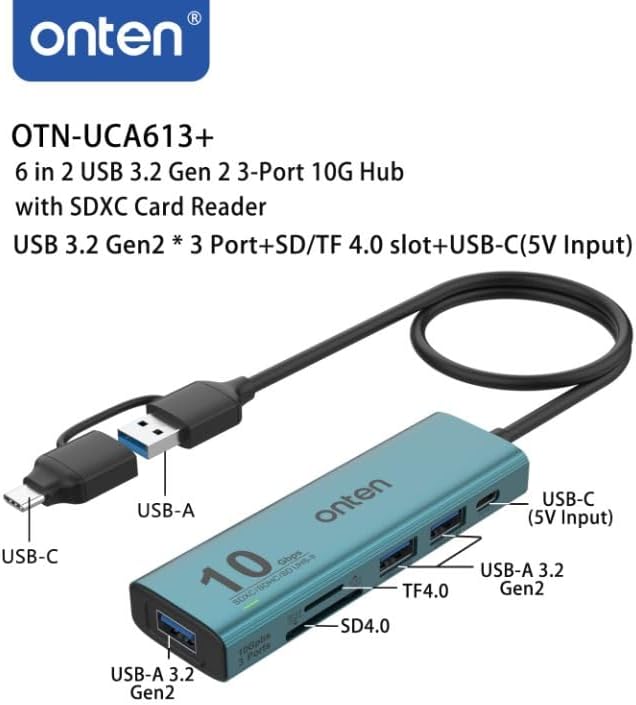 USB C USB A HUB, USB 3.2 GEN 2 10G Speed, USB A/USB C to USB A Adapter.with 3 USB A Ports(10G) and UHS-II SD/TF Ports, USB C UHS-II SD Card Reader Compatible with SD/SDHC/SDXC/Micro SD