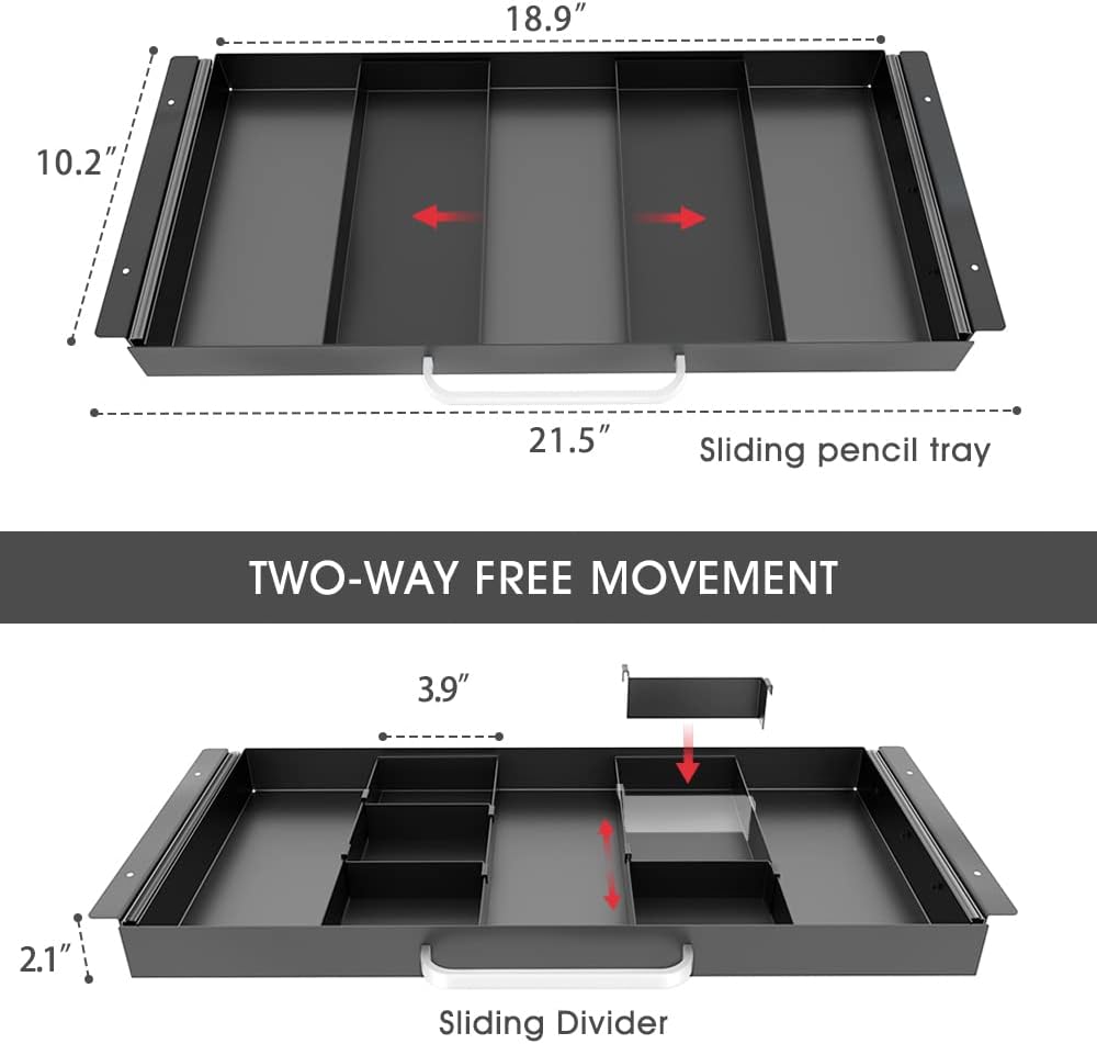GOME Large Size Under Desk Slide out Pencil Drawer with Adjustable Space Divider Design for Storing Pencil and Office Accessories, Underdesk Pull out Tray Organizer Mounted for Sit Stand Workstation