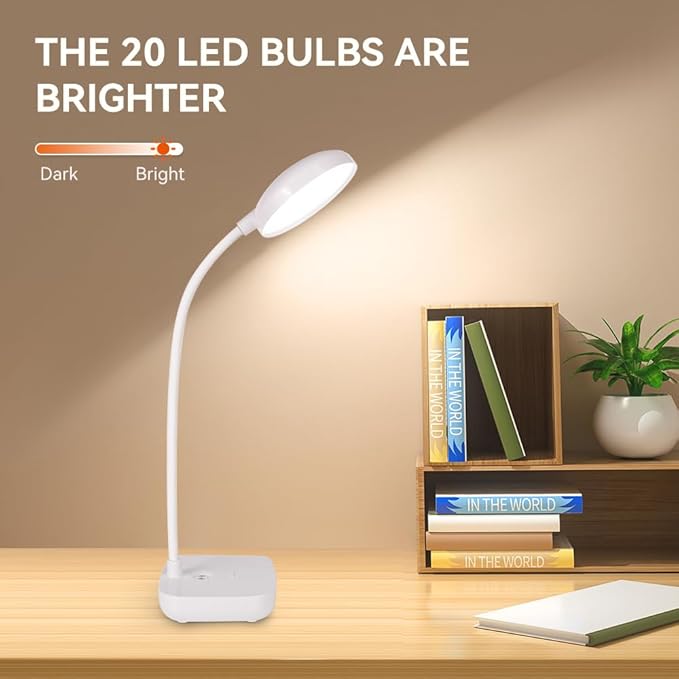 Small desk lamps for small spaces,2 Pack White,Rechargeable desk lamp battery powered,3 light colors,Eye protection light,10 Adjustable brightness,400 lumens,Gooseneck hose,Desk lamps for home office