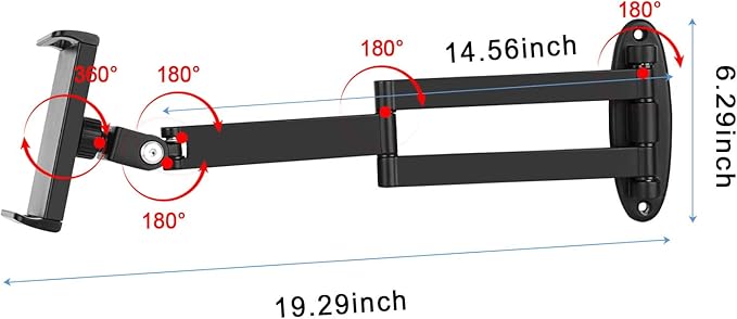 Tablet Wall Mount with Adjustable Long Arm Hinge 360° Swivel Bracket for 4.7 to 12.9 inch Tablet or Phone（Black）