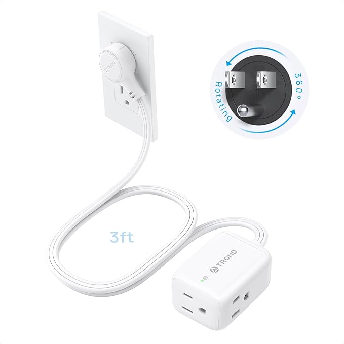 TROND 360° Rotating Flat Plug Extension Cord Surge Protector 3ft, Small Power Strip with 900 Joules, Three Side Grounded Outlets, 13A, 16 Gauge Wire, for Indoor Home Office Dorm Room Travel, White