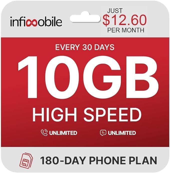 $12.6/Month | Infimobile Prepaid Unlimited Plan: 6 Months | 10GB High-Speed Data Per Month | Unlimited Data Talk & Text | Prepaid Plan Service SIM Card | Nationwide Coverage | 4G, 5G Network