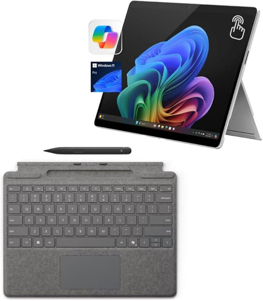 Microsoft Surface Pro 11 Bundle, 13" Copilot+ PC with Platinum Pro Keyboard & Slim Pen, Snapdragon X Plus, AI Tablet Essential Bundle, 16GB RAM, 512GB SSD, Win 11 Pro