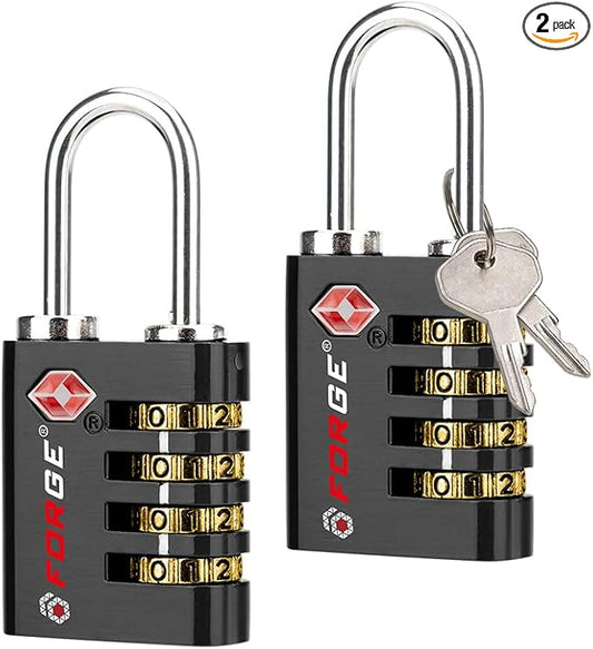 Forge Dual-Opening: Key or Combination Access Lock, Use Key to Recover Code If Forgotten, TSA Approved Locks for Luggage, Pelican case, Travel, Gym, School, Stainless Steel Shackle. (Black 2 Pk)