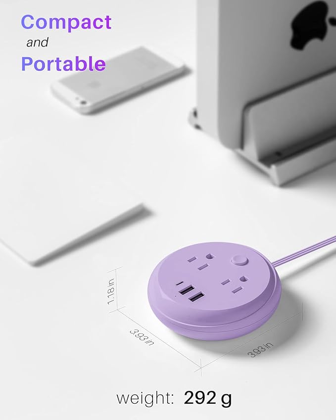 Flat Plug Power Strip with USB C Ports, KOOSLA Travel Extension Cord No Surge Protection - 2 Outlets 3 USB Ports(1250W) - Cruise Essentials for Cruise Ship, Home, Office, Dorm Room, 10ft