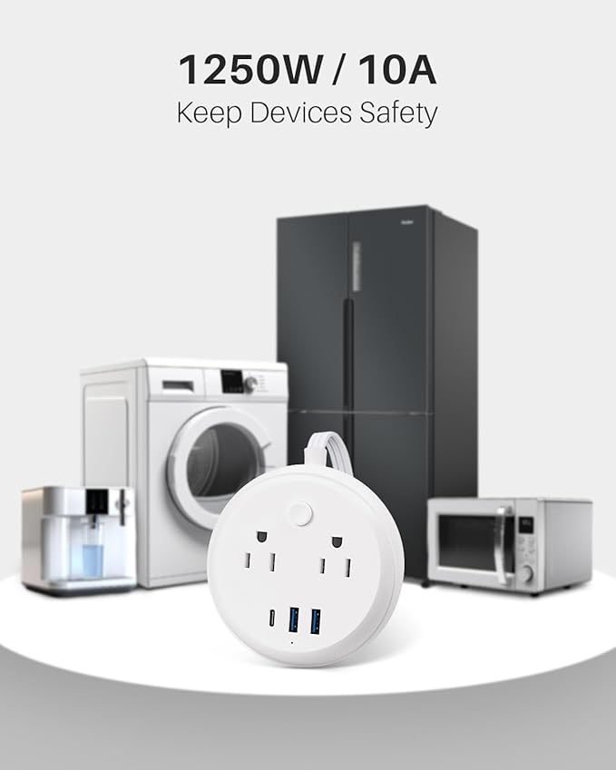 Flat Plug Power Strip with USB C Ports, KOOSLA Travel Extension Cord No Surge Protection - 2 Outlets 3 USB Ports(1250W) - Cruise Essentials for Cruise Ship, Home, Office, Dorm Room, 10ft