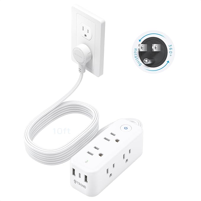 TROND 360° Rotating Flat Plug Power Strip, 10ft Extension Cord with 6 Widely Spaced Outlets, 2 USB A and 1 USB C, Wall Mountable, 1440J Surge Protector for Home Travel Office Dorm Essentials, White
