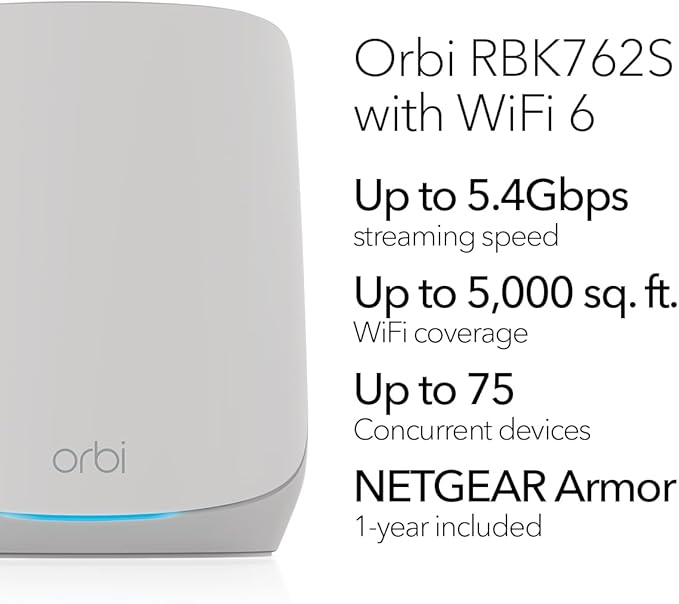 NETGEAR Orbi Tri-Band WiFi 6 Mesh Network System (RBK762S) – Router + 1 Satellite Extender, Security Features, Up to 5.4 Gbps, Covers up to 5,000 sq. ft, 75 Devices, Free Armor Security
