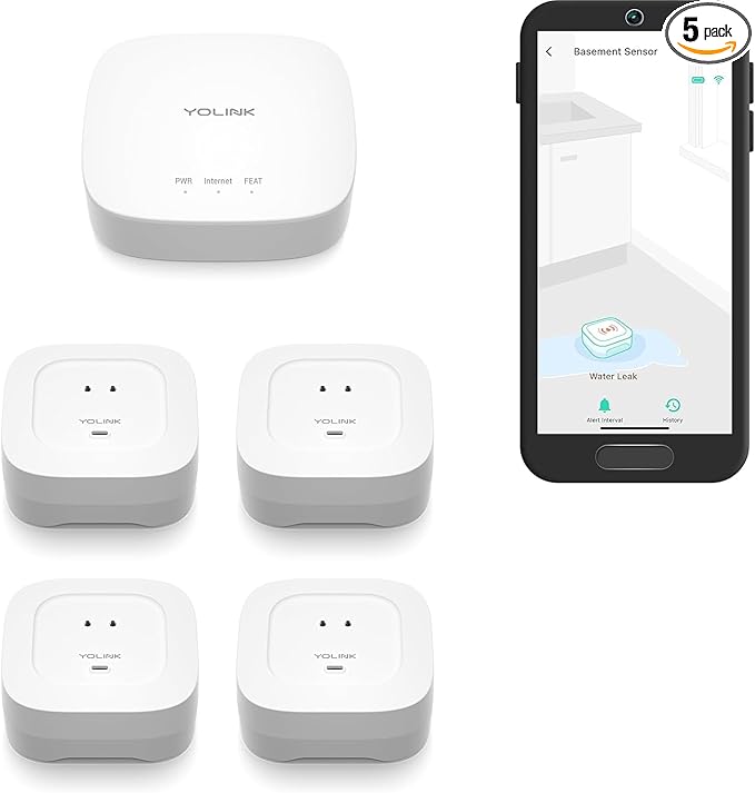 YoLink Water Leak Starter Kit: Hub + 4 Leak Sensor 4 (105 dB Siren), LoRa Long-Range, App/SMS/Email Alerts, D2D Offline, 2 AAA Up to 5-Year Battery, Works with Alexa/IFTTT/Home Assistant