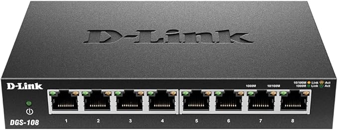 D-Link Ethernet Switch, 8 Port Gigabit Unmanaged Metal Fanless Desktop or Wall Mount Design (DGS-108/RE) (Renewed)