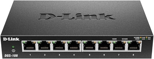 D-Link Ethernet Switch, 8 Port Gigabit Unmanaged Metal Fanless Desktop or Wall Mount Design (DGS-108/RE) (Renewed)