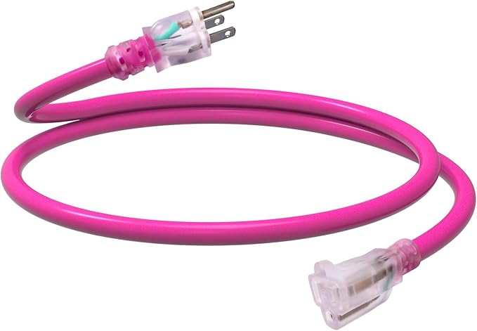 EP 3 Ft Outdoor Extension Cord, 12/3 SJTW Heavy Duty Waterproof Power Cable, 3 Prong Grounded Plug, Lighted End, for Lawn, Garden, Appliances, Pink