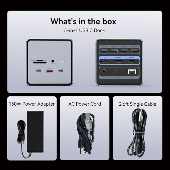 TobenONE USB C Docking Station Dual/Triple Monitors with 150W Power Adapter for Dell/HP/Lenovo/Surface/Asus/Chromebook, 2 HDMI, DP, 5 USB, Ethernet, SD 4.0/Micro SD