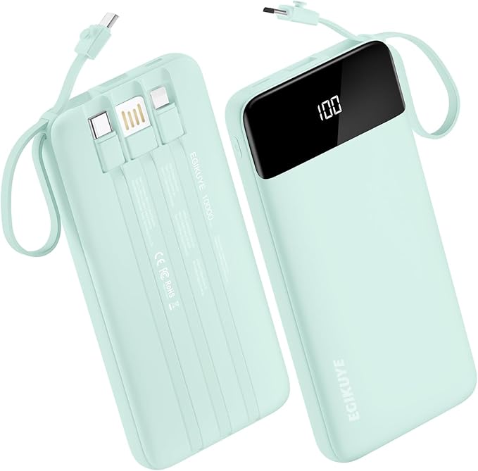 Power Bank 10000mAh Portable Charger with 4 Built-in Cables, Type-C in & Out Phone Charger, External Battery Charger Pack & Travel Essential for iPhone 16/15/14, Samsung, iPad, Android