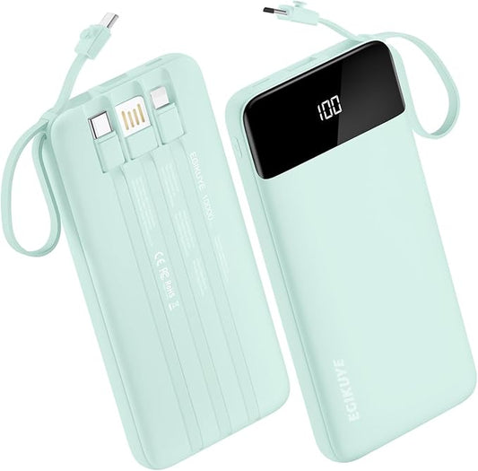 Power Bank 10000mAh Portable Charger with 4 Built-in Cables, Type-C in & Out Phone Charger, External Battery Charger Pack & Travel Essential for iPhone 16/15/14, Samsung, iPad, Android