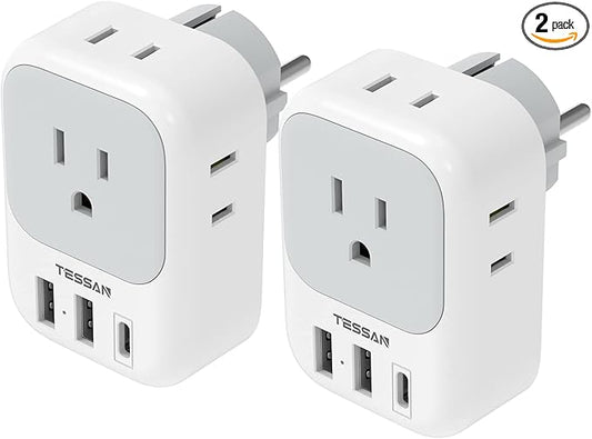 TESSAN 2 Pack Type E F Plug Adapter USB C, Germany France Power Adaptor with 3 USB Charger Ports, 4 AC Outlets Travel Plug for US to Europe EU Spain Iceland Korea Greece Russia German French