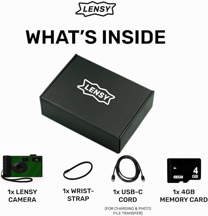 LENSY Screen Free Digital Camera | Four Built in Filters | Rechargeable, 8mp, Lightweight, Focus-Free, Auto-Flash, Easy-to-Use, Reusable, Retro Film-Style Photos (Forest Green)
