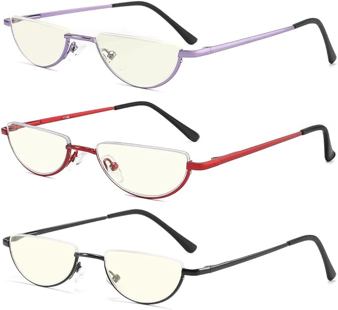 Half Lens Reading Glasses Blue Light Blocking, Half Moon Frame Semi Rim Spring Hinge Readers with Case for Men Women Black/Red/Purple 3 Pack +1.75