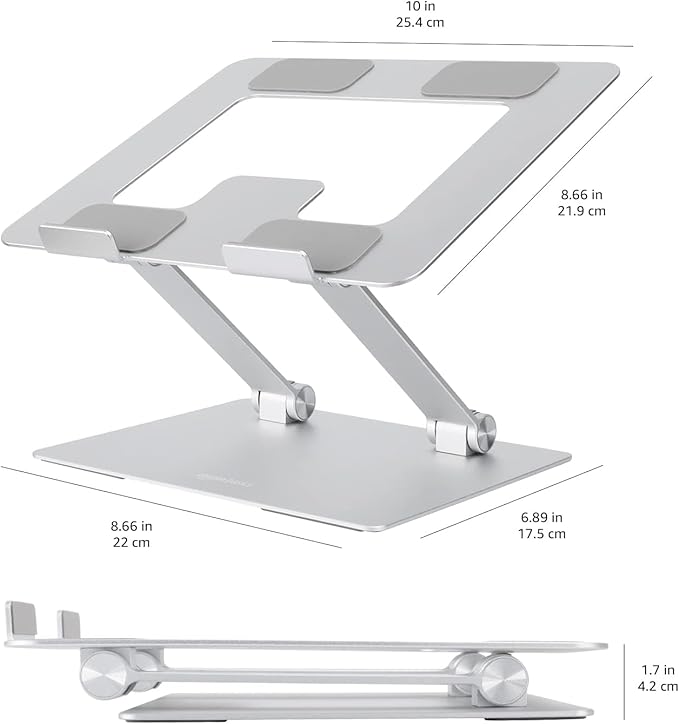 Amazon Basics Sturdy and Portable Ergonomic Laptop Stand for Desk, Adjustable Riser, Fits all Laptops and Notebooks up to 17.3 Inch, Silver, 10 x 8.7 x 6 in