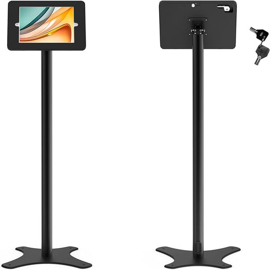 Tablet Floor Stand Compatible with 10.2" iPad 7 8 9, Rotate Lockable Metal Tablet Enclosure+Aluminum Pole+Metal Base - BSF302BT