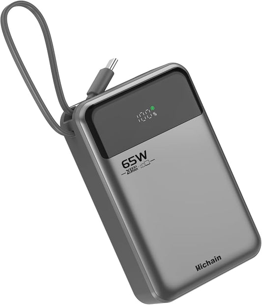 Hichain Laptop Power Bank 65W 20000mAh Portable Charger with Built-in USB-C Cable, 3-Port Fast Charging Battery Pack for MacBook iPhone 17 16/15 Series Android Switch Travel Essential Gray