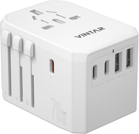 Universal Travel Adapter, VINTAR 70W GaN International Power Adapter with 5 USB Ports (3 USB-C), All-in-one Travel Essentials Plug Adaptor, Travel Adapter Worldwide for UK/EU/USA/AUS, White