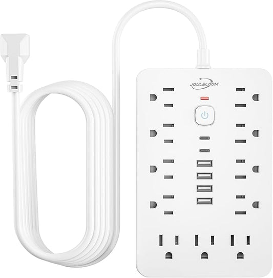 20 FT Flat Plug Surge Protector Power Strip,11 Multiple AC Outlets with 6 USB Ports (2 USB C), 20 Feet Extension Cord, 1250W/10A, One Touch Switch Button, White