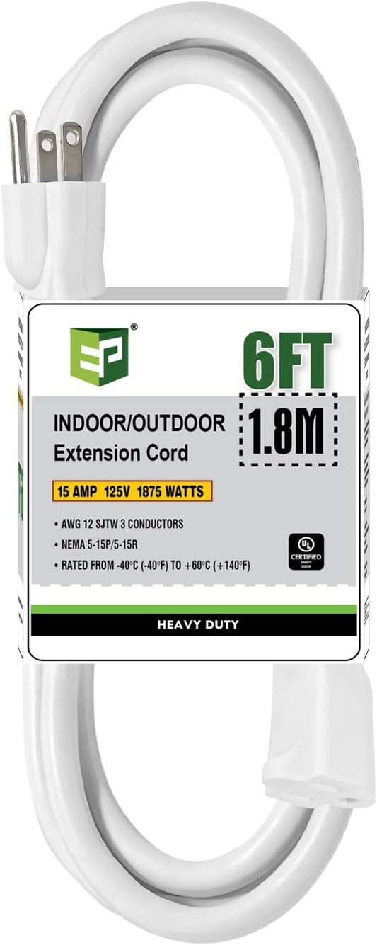 EP 6 Ft Outdoor Extension Cord, 12/3 SJTW Heavy Duty Extension Cable with 3 Prong Grounded Plug, 15 AMP Power Cord for Lawn, Garden, Appliances, White
