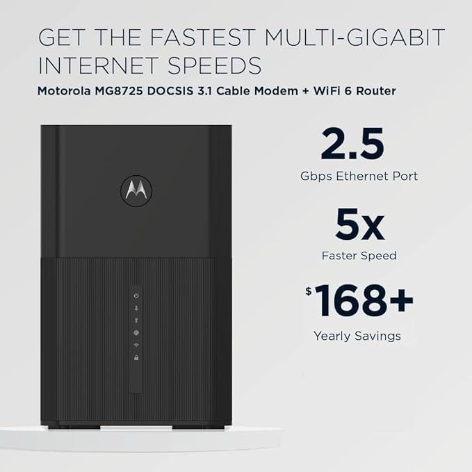 Motorola MG8725 WiFi 6 Router + Multi-Gig Cable Modem | 2-in-1 Device | Approved for Comcast Xfinity, Cox, Spectrum| Up to 6000 Mbps | DOCSIS 3.1 | AX6000 | [Not compatible with Xfinity 5G internet]