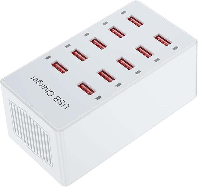 USB Charger 10-Ports Charging Station for Multiple Devices USB Wall Charger Power Hub Strip Smart Plug Charging Dock Block Compatible for iPhone Xs/XR,iPad,iPod,Smart Phones