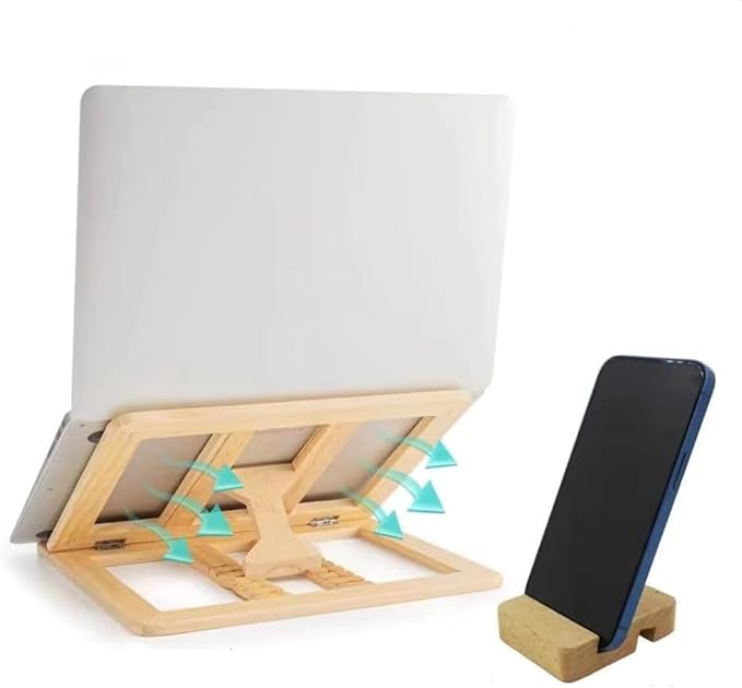 Wooden Laptop Stand for Desk with Free Phone Holder, Foldable and Adjustable Ergonomic Laptop Riser for 10-15.6 Inch Notebooks, Portable MacBook Stand (Natural Wood, Universal Fit)