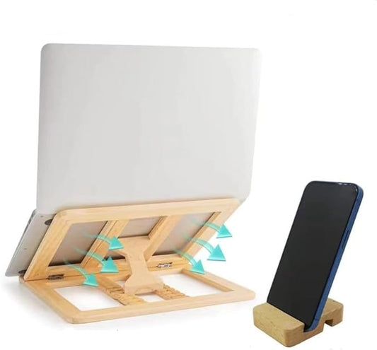 Wooden Laptop Stand for Desk with Free Phone Holder, Foldable and Adjustable Ergonomic Laptop Riser for 10-15.6 Inch Notebooks, Portable MacBook Stand (Natural Wood, Universal Fit)