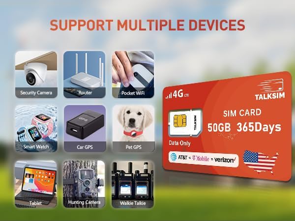 Data SIM Card 50GB 365Days Support Verizon, AT&T and T-Mobile, 4G LTE USA SIM Compatible with Unlocked Security Camera/Router/Mobile WiFi Hotspot/Tablet/Hunting Trail Camera iot Devices