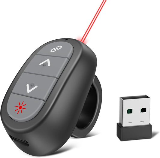 Presentation Clicker Wireless Presenter Remote: USB Rechargeable Finger Ring Clicker for PowerPoint Presentations, PowerPoint Clicker with Laser Pointer, Multi-OS Compatible