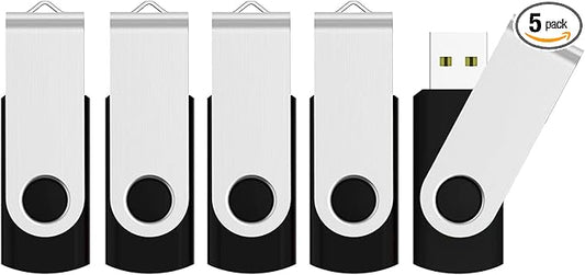 JUANWE 64GB USB Flash Drives 5 Packs, USB 2.0Thumb Drives Foldable 360°Swivel Memory USB Stick with Lanyard Hole, Jump Drive Pen Drive Zip Drive Portable Flashdrive for PC, Mutipack Black