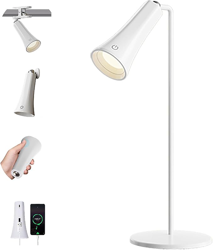 5 Modes Rechargeable LED Lamp with Magnet Swivel Joint, Touch Control, Adjustable Brightness, Color, 360° Angle, Can Become Desk Lamp, Clip Lamp, Wall Lamp, Flashlight, Portable Charger (White)