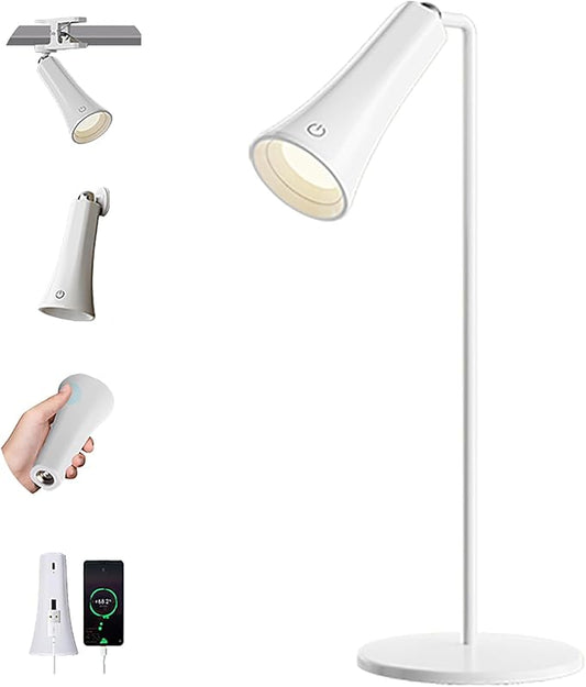 5 Modes Rechargeable LED Lamp with Magnet Swivel Joint, Touch Control, Adjustable Brightness, Color, 360° Angle, Can Become Desk Lamp, Clip Lamp, Wall Lamp, Flashlight, Portable Charger (White)