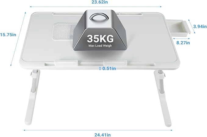Laptop Lap Desk with Cooling Fan - Adjustable with Light, USB, Storage Drawer - Folding Bed Desk,23.62"*15.74",White