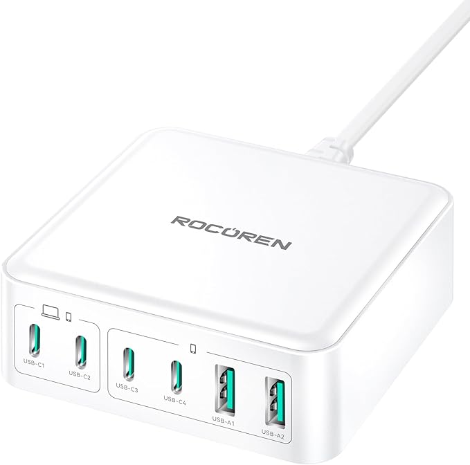 270W USB C Charger Block, Rocoren 6 Port Multi USB-C Charging Station,100W PD Fast USBC Gan Charger Station Hub Dock for Multiple Devices, Laptop Type C for MacBook/iPhone 16/iPad/Galaxy S25