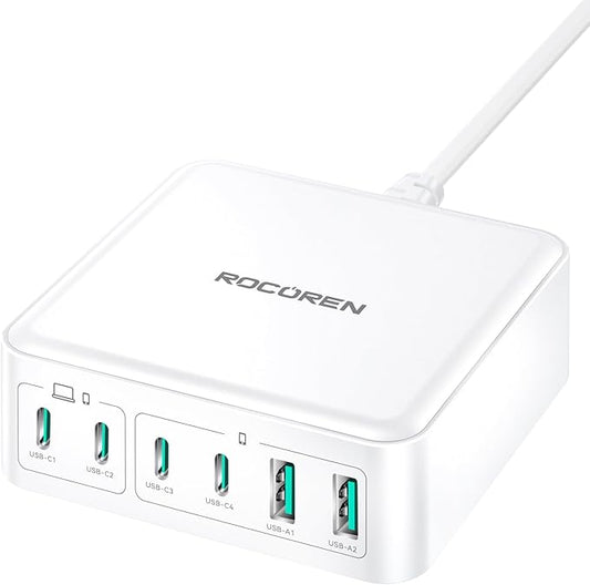270W USB C Charger Block, Rocoren 6 Port Multi USB-C Charging Station,100W PD Fast USBC Gan Charger Station Hub Dock for Multiple Devices, Laptop Type C for MacBook/iPhone 16/iPad/Galaxy S25
