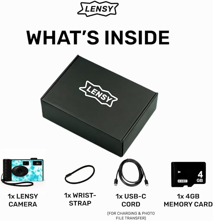 LENSY Screen Free Digital Camera | Four Built in Filters | Rechargeable, 8mp, Lightweight, Focus-Free, Auto-Flash, Easy-to-Use, Reusable, Retro Film-Style Photos (Blue Tie Dye)