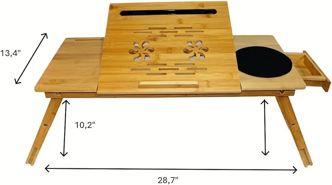 WoodNest -Bamboo Lap Desk, Laptop Desk, Portable Workstation, Adjustable Height Angle, Foldable Tray for Couch Bed Floor, Drawer with Magnetic Closure, Mouse Pad, Phone Slot, Leather Handle.