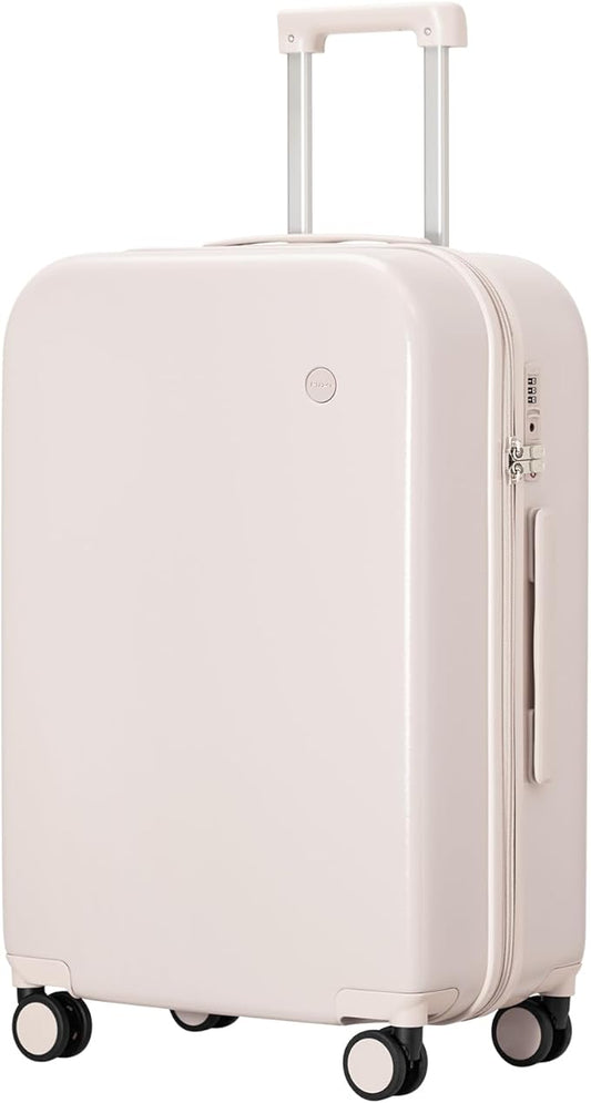 mixi Luggage Suitcase with Spinner Wheels, Hardside Rolling Suitcase PC with Cover & TSA Lock Lightweight Travel Case 24in Checked in, Off White（Slight Pink）