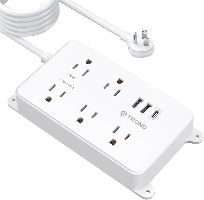 TROND Surge Protector Power Strip 15ft Extension Cord, ETL Listed, 5 Widely Spaced AC Outlets, 2 USB A and 1 USB C, 1300J, Flat Plug Power Strip, Wall Mountable, for Home Office, White